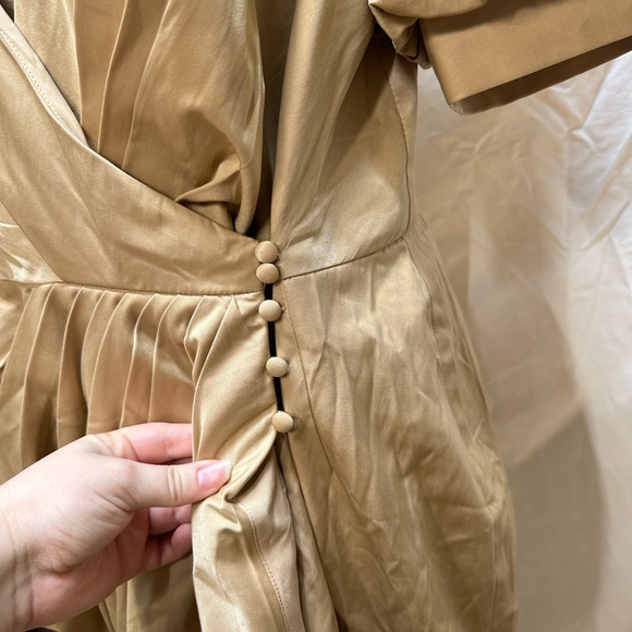 ASOS Structured Drape Wrap Mini Puff Sleeve Tan Dress Size 14 - Picture 9 of 13